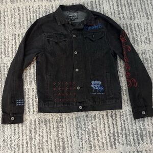 Black Denim Jacket with Red and Blue Embroidered patterns